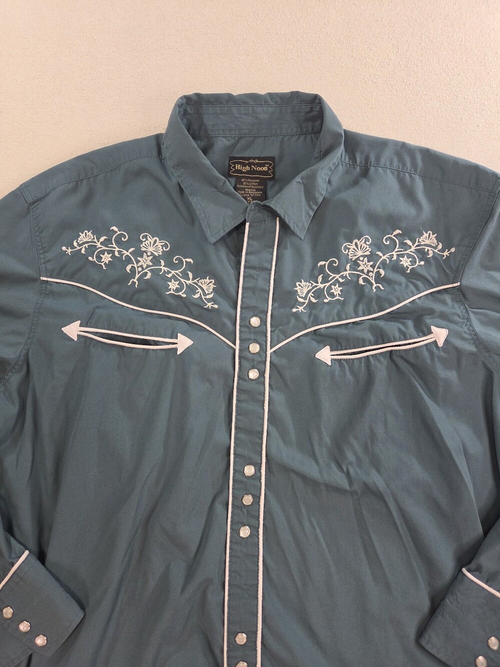High Noon XL Embroidered Teal Pearl Snap Western Cowboy Shirt - Picture 2 of 7